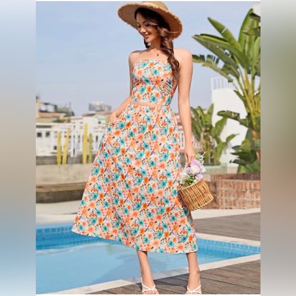 NWT-DRESSTELLS Women’s Strapless Floral Smoked Top and Skirt Two Pieces Outfit